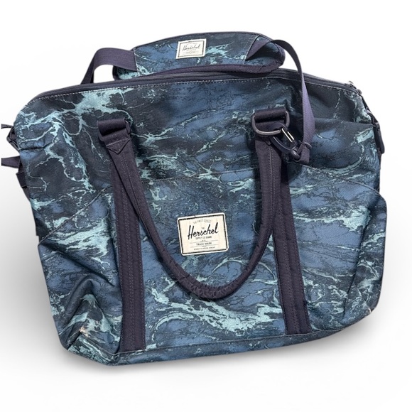 Herschel Supply Co Blue Marbled Tote Diaper Bag Red Stripe Lining - Picture 2 of 9